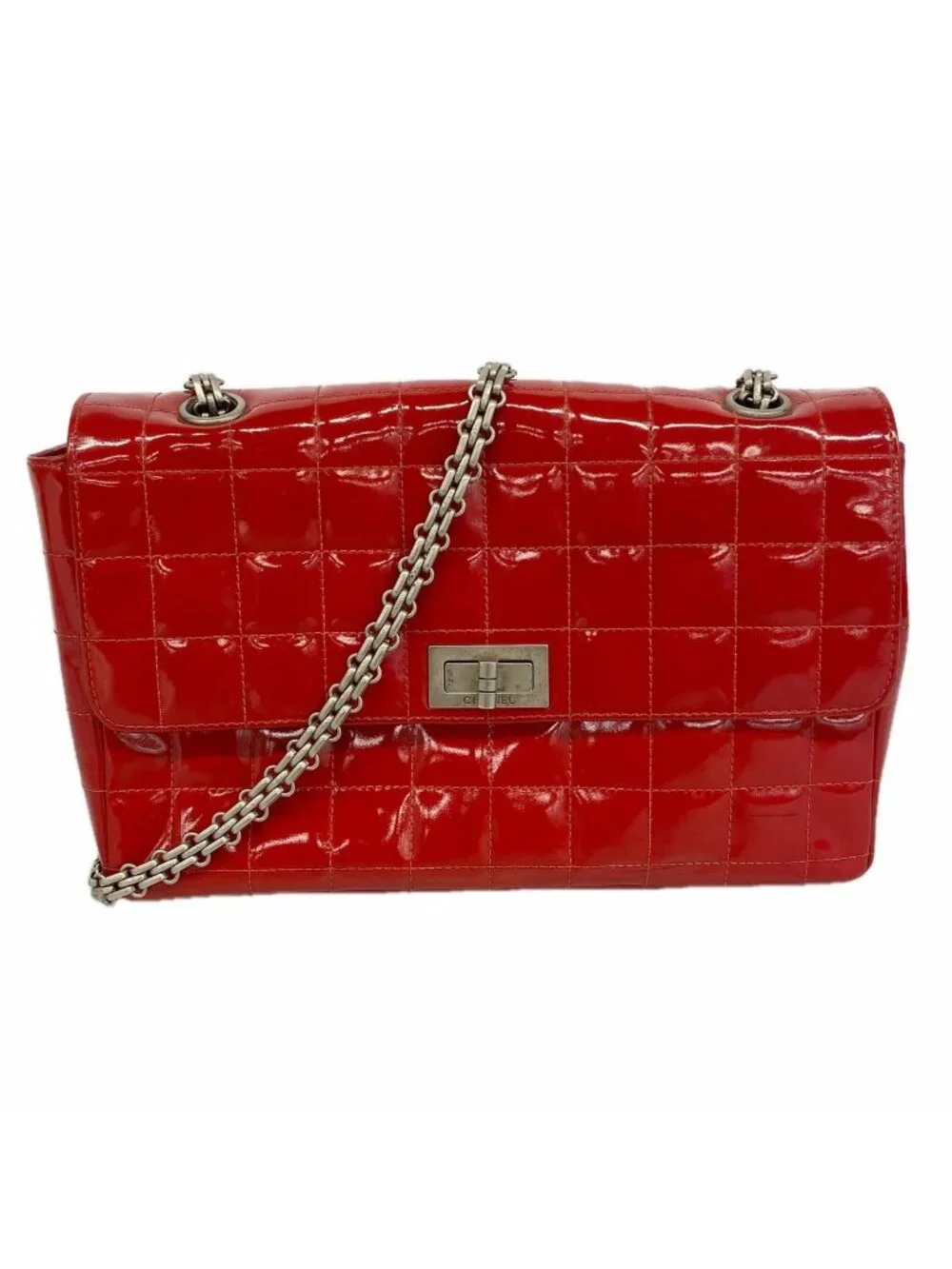 Chanel Shoulder Bag 2.55 Choco Bar Patent Leather Red Silver
